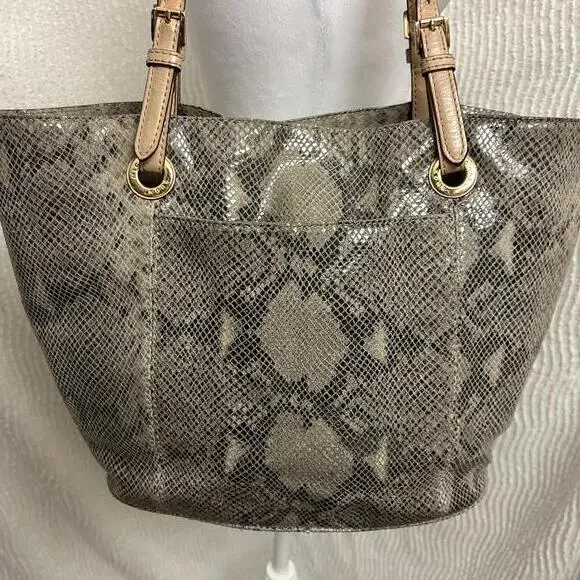 Michael Kors Tan Snakeskin Embossed Tote Bag Structured Everyday Handbag - Picture 3 of 9
